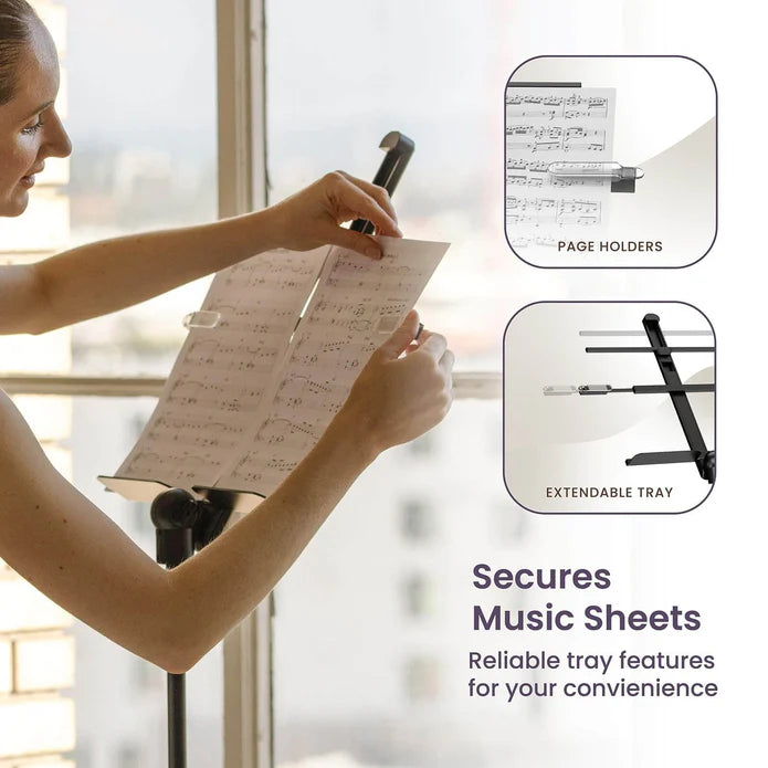 KraftGeek Bravo Collapsible Music Stand Kit with Bag/Light/Phone and Tablet Mount (Black or white)